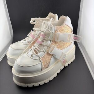 DEMONIA Slacker 50 White Pink Glitter Platform Sneaker Ankle Boots Wom Size 8